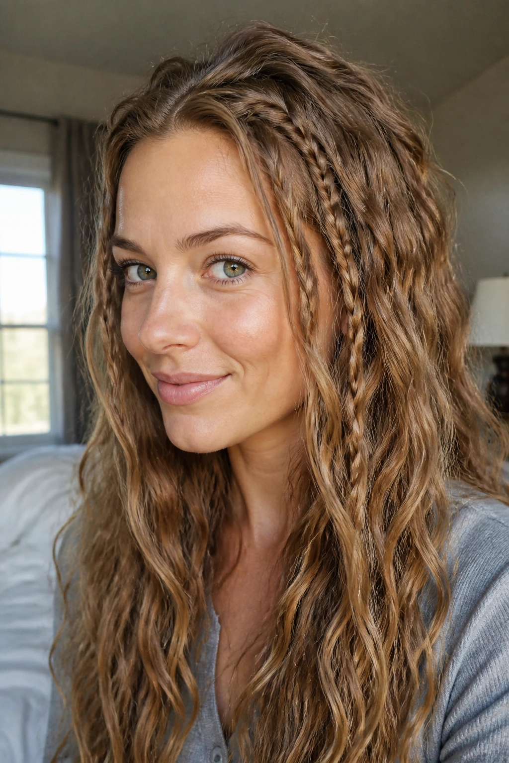 Close-up of a real woman's hair with overnight braided texture waves in morning light