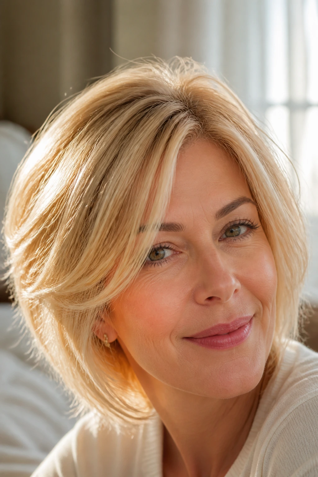 Close-up of a real woman with pale gold hair reflecting sunlight to hide the scalp