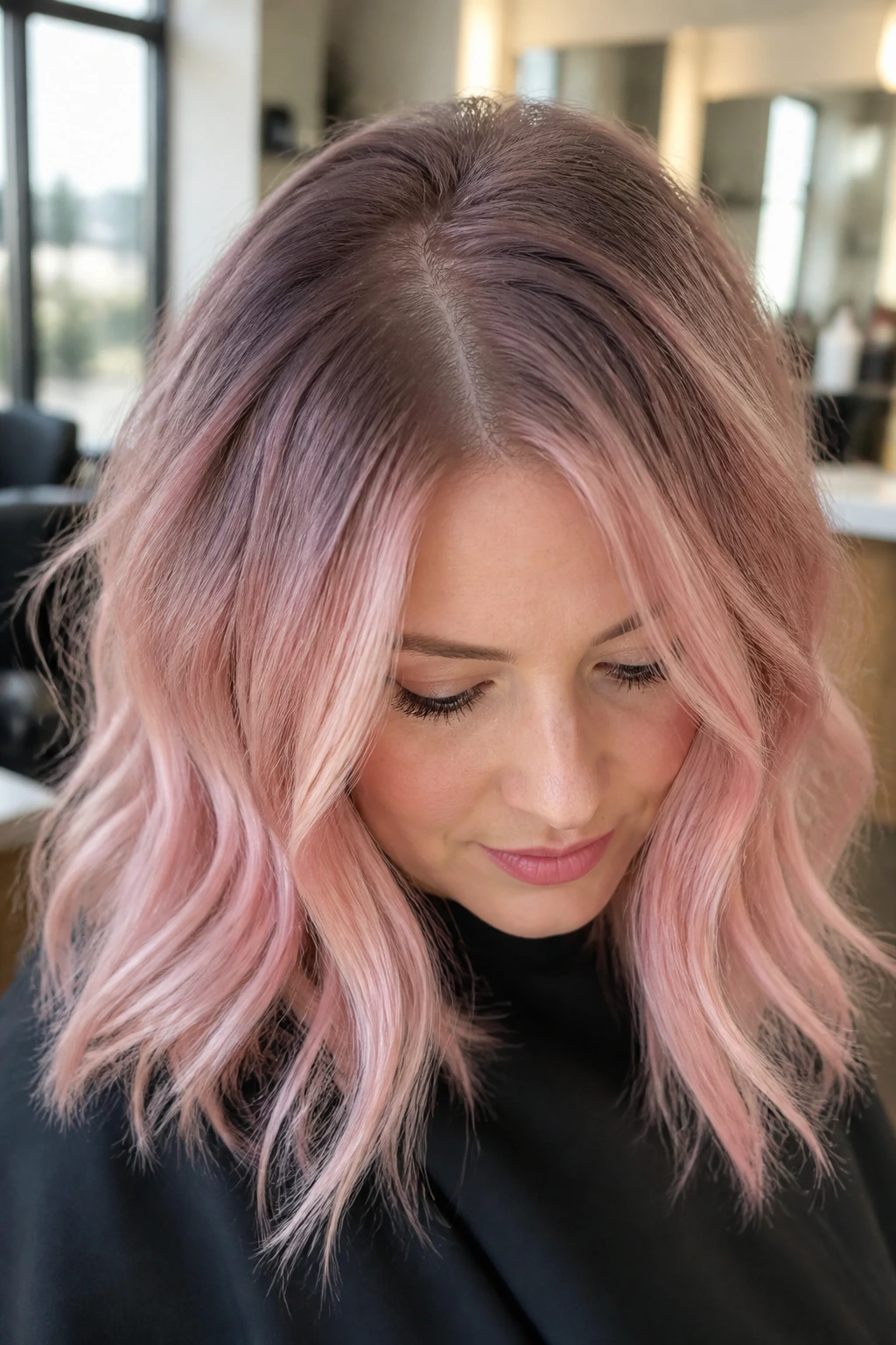 Real woman with pale pink root melt and soft color transition