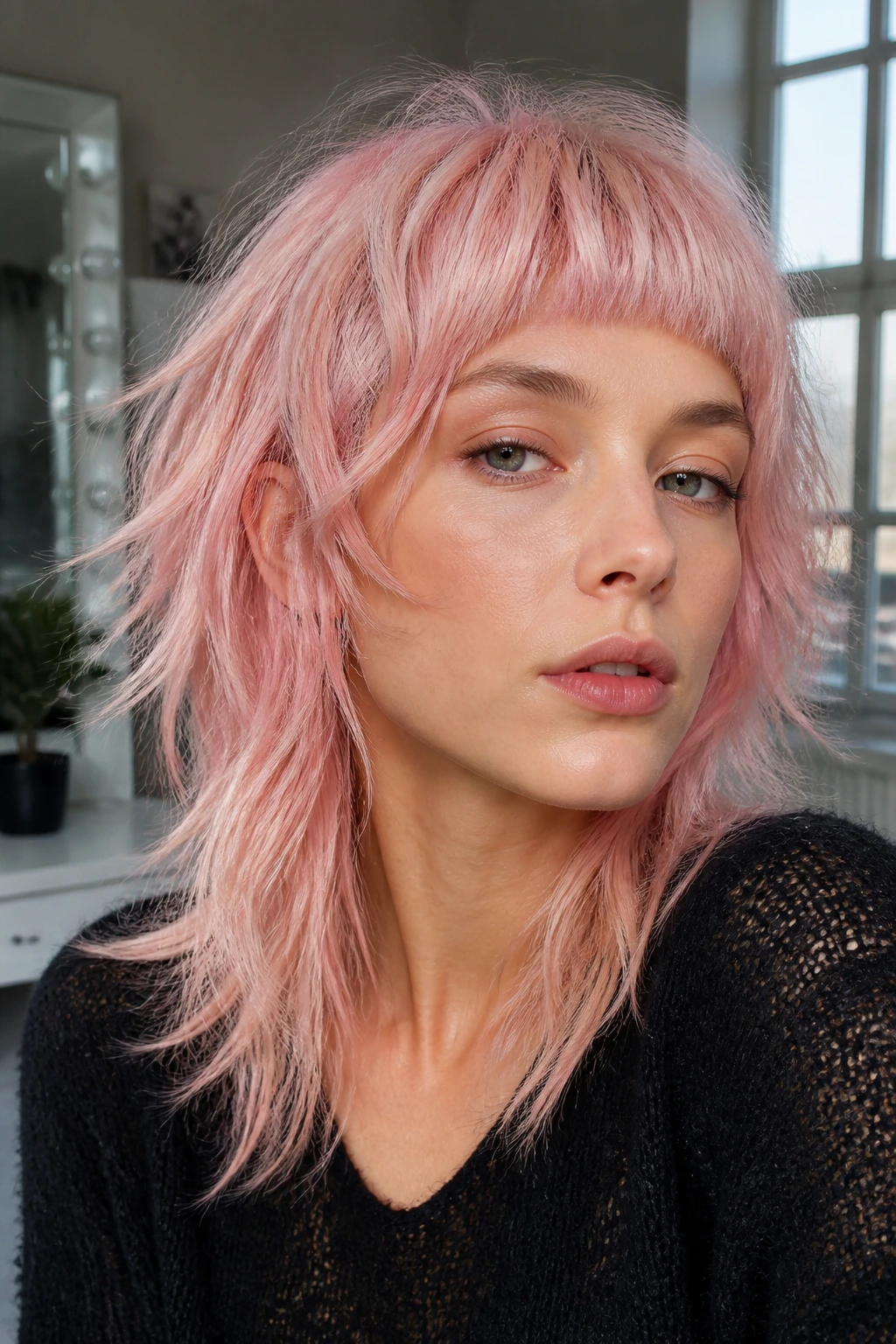 Close-up portrait of a real woman with pale pink shag and micro-bangs