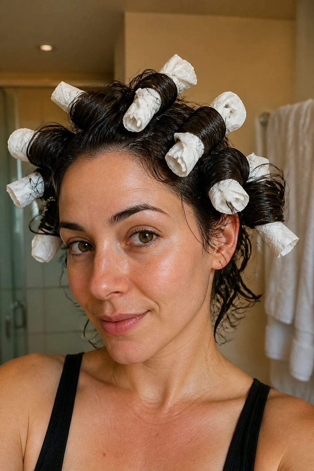 Close-up of a real woman with hair wrapped around paper towel rollers for overnight curls