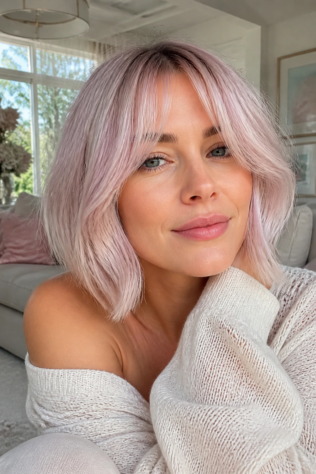 Portrait of a woman with pastel blonde hair and soft curtain bangs in a pastel-lit room.