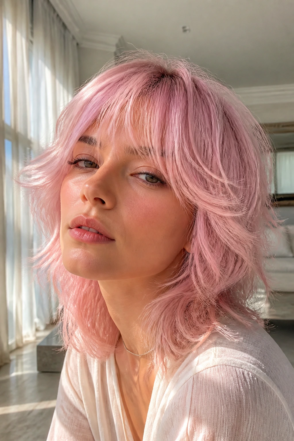 Close-up of a real person with pastel candy-floss layered shag and curtain bangs.