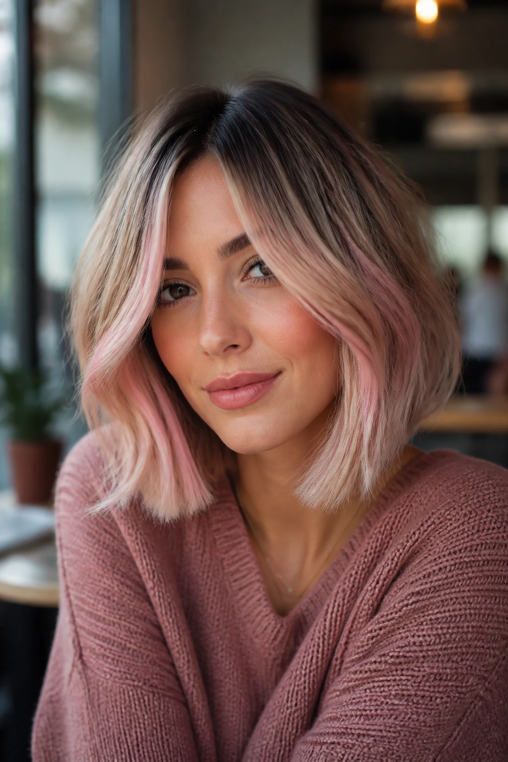 Portrait of a woman with pastel highlights framing her face