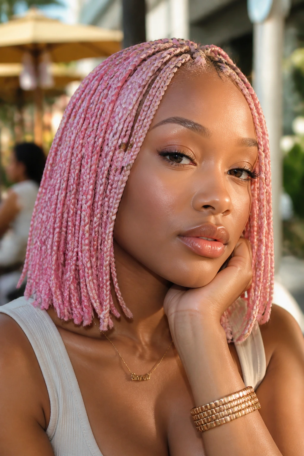 Close-up portrait of a real woman with pastel pink box braid bob in a sunlit outdoor cafe setting.