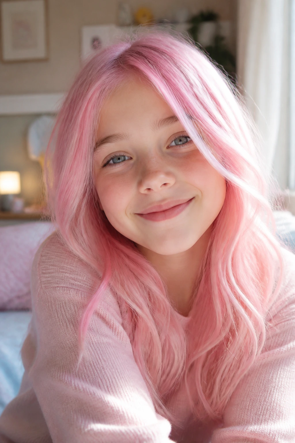 Close-up of a real child with pastel cotton candy pink hair filling the frame in a soft bedroom light.
