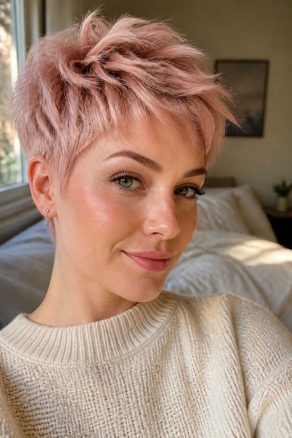 Close-up of a real woman with pastel pink textured pixie cut
