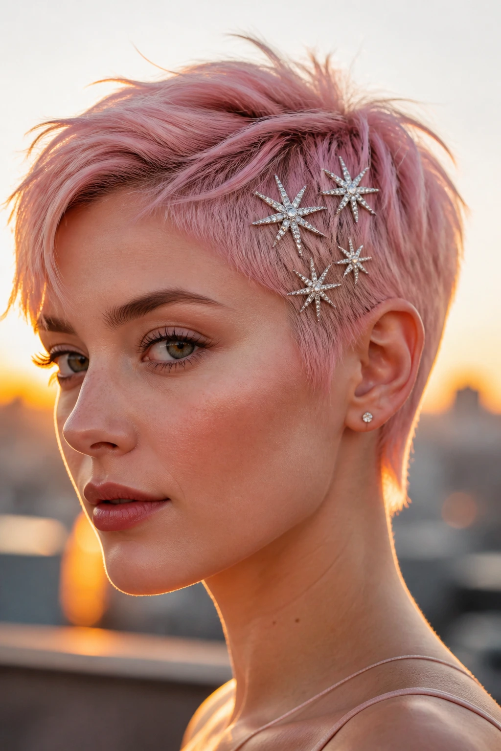 Close-up of pastel pink pixie with starburst crystals