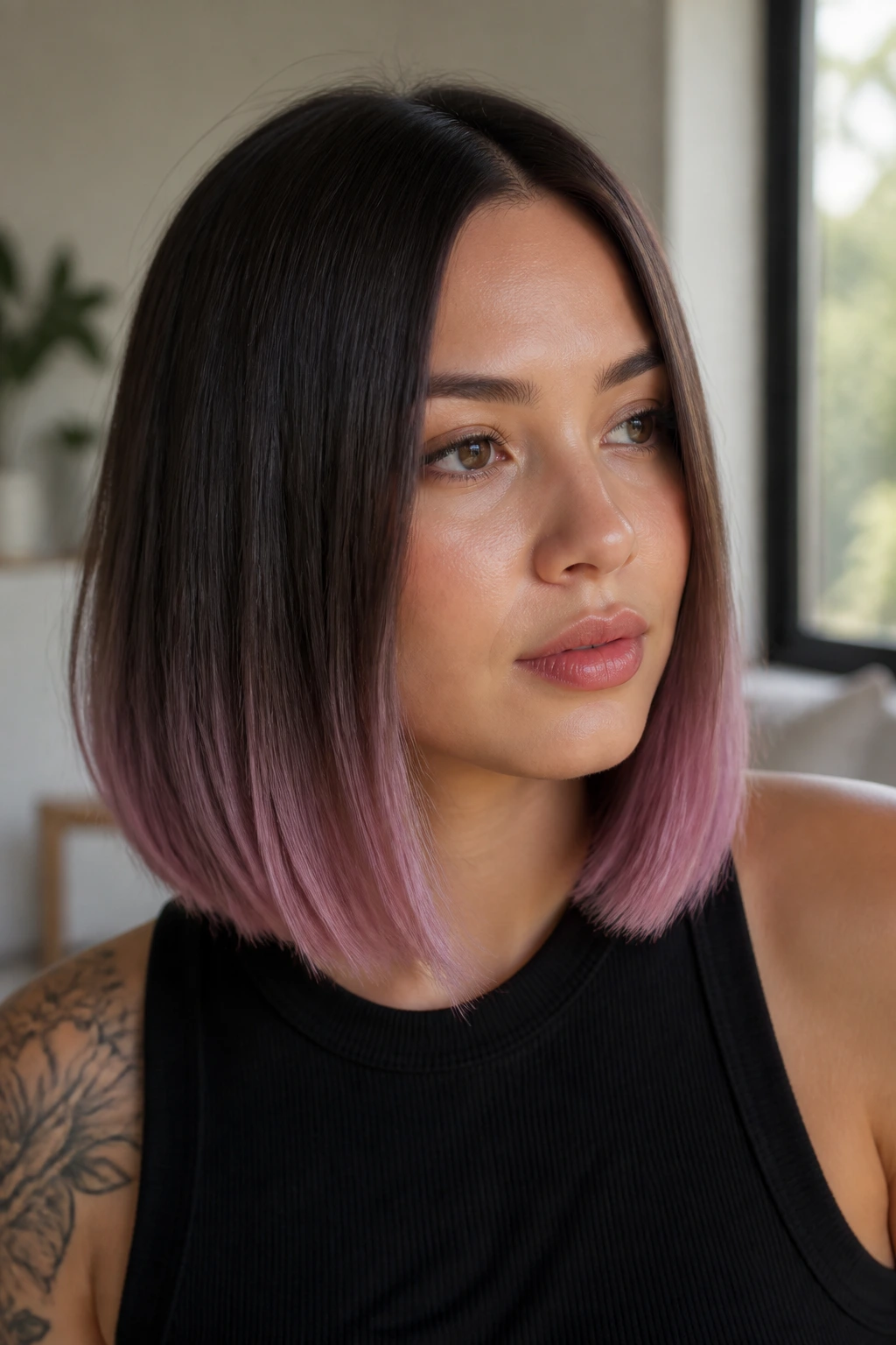 Close-up portrait of a person with pastel-tipped blunt cut hair