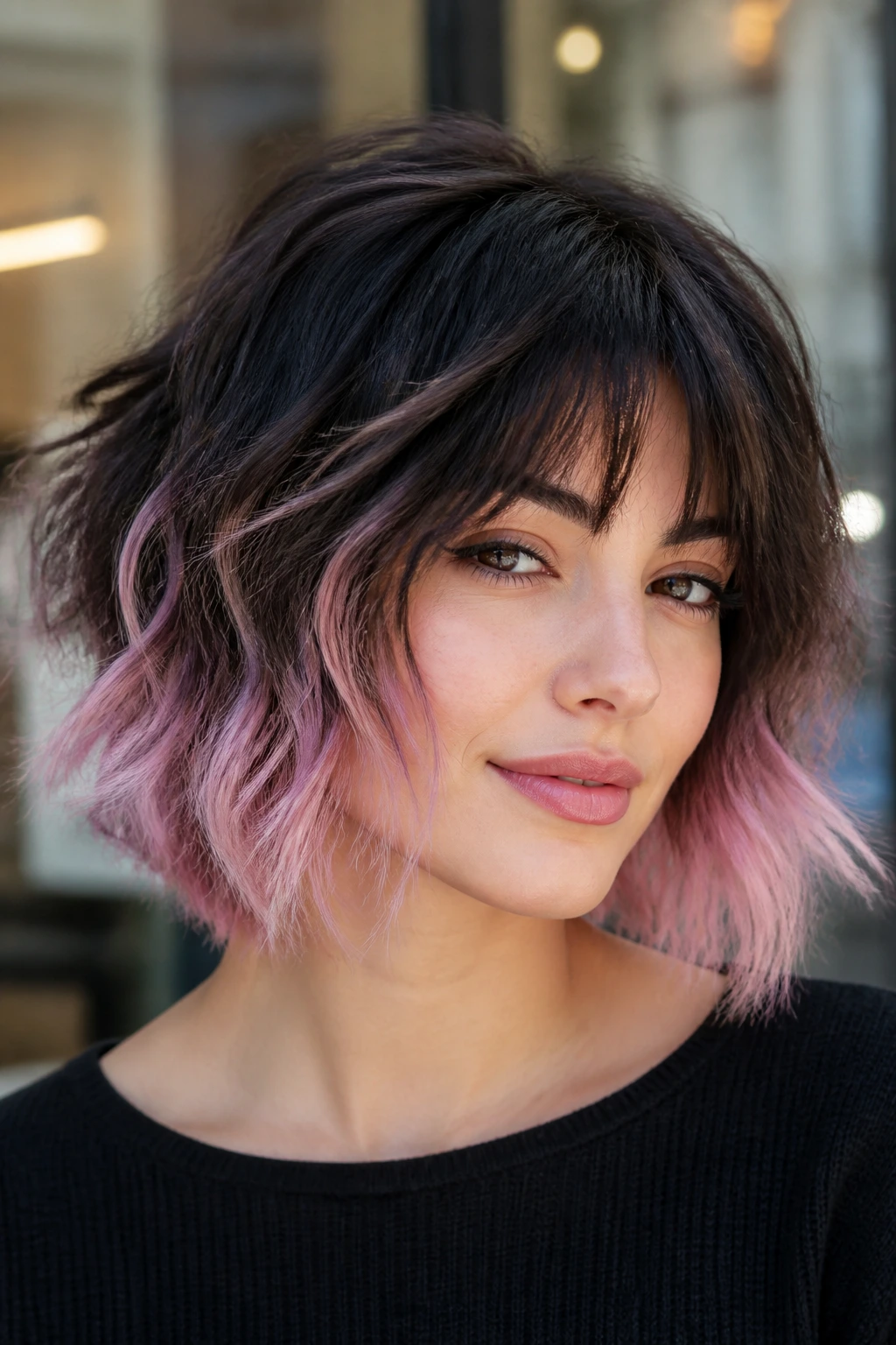 Close-up of a real person with pastel-tipped shaggy bob in front of an urban storefront