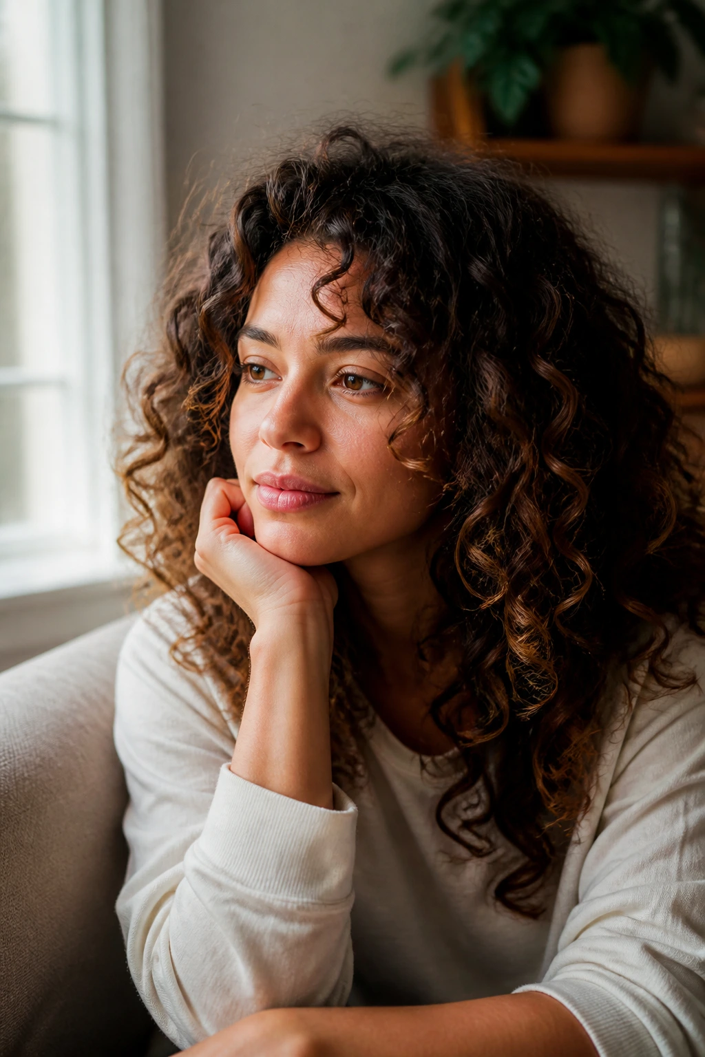 Close-up of a person with loose curls in a calm, sunlit room