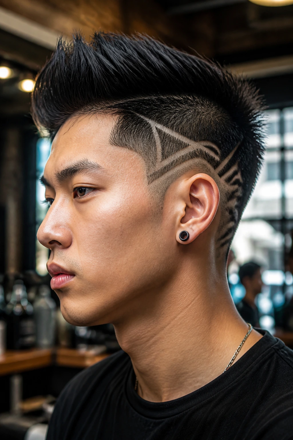 Close-up of a person with geometric shaved patterns in the undercut.