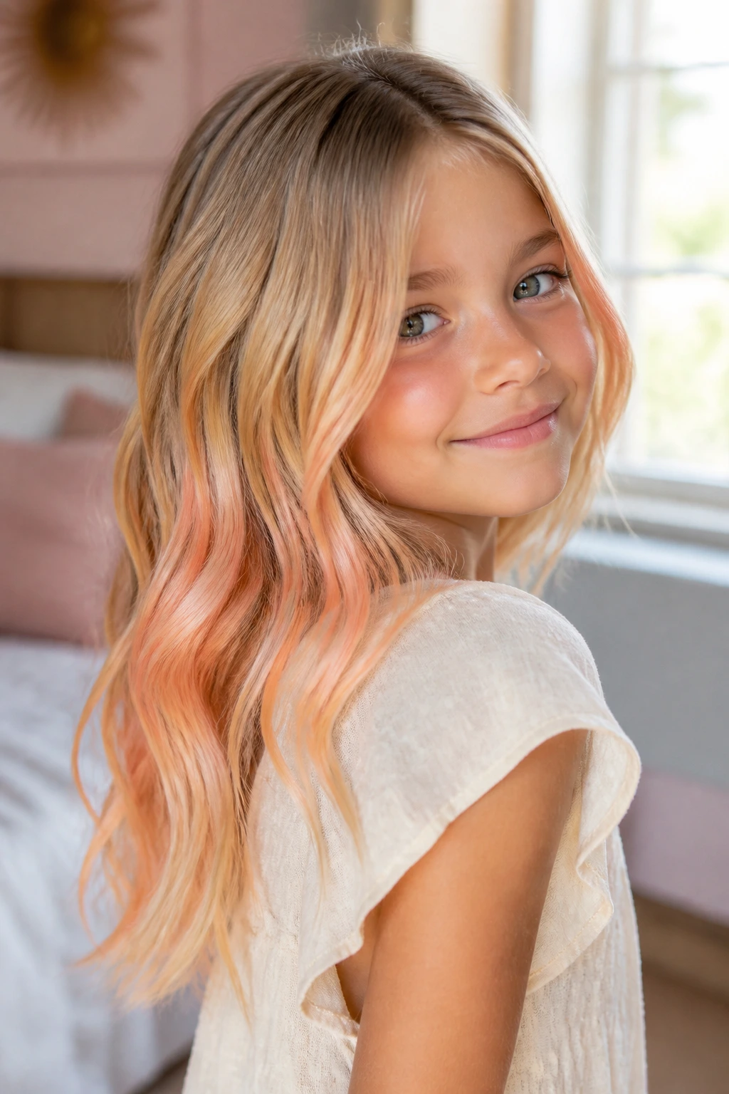 Close-up of a child with peach sorbet highlights in blonde hair under bright window light