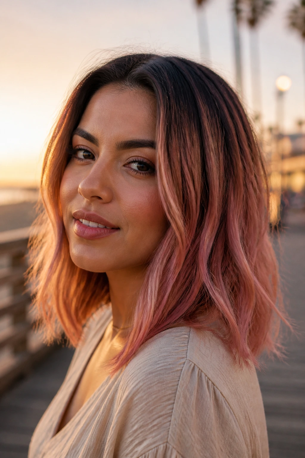 Portrait of a woman with peach-pink balayage blending with warm skin