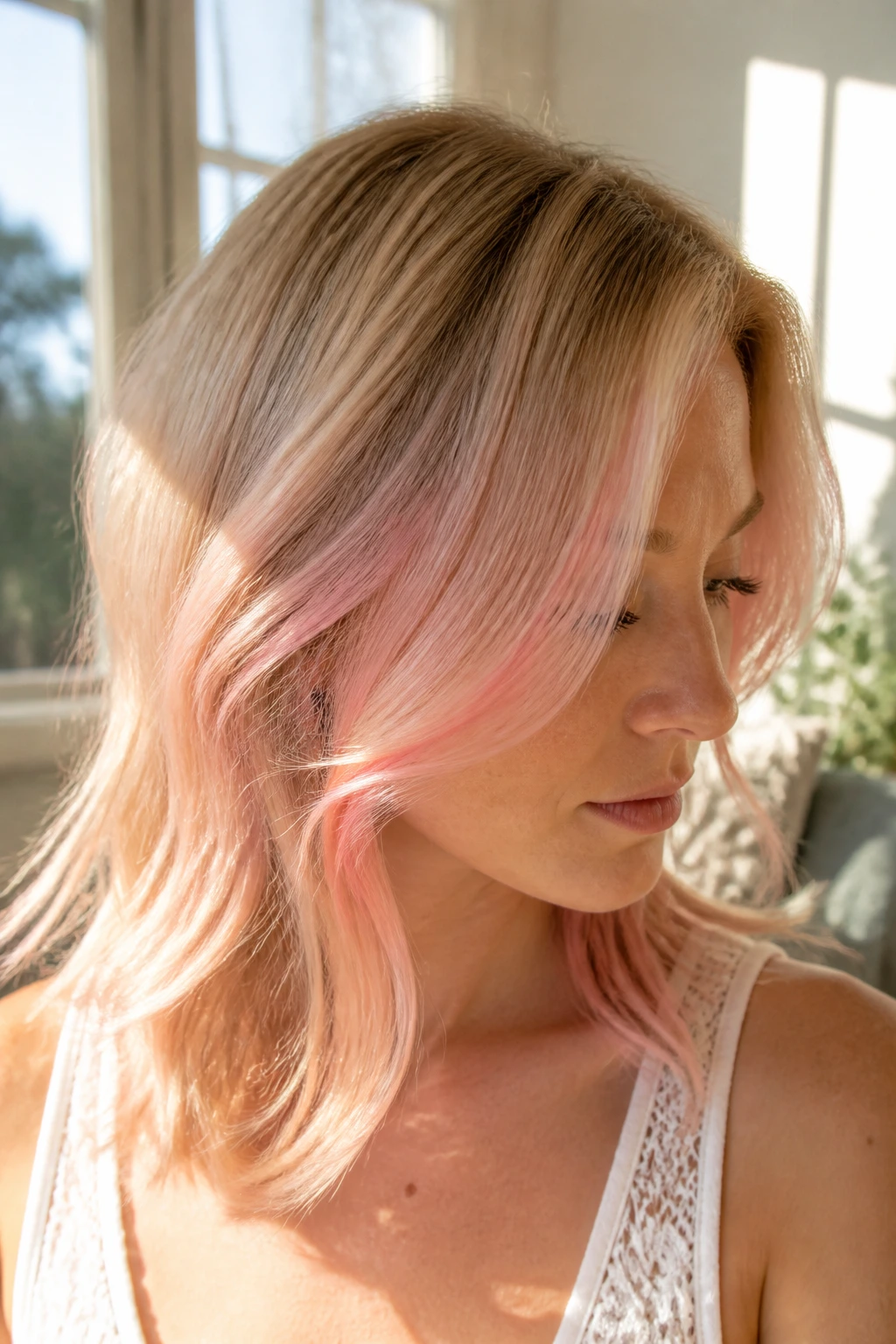 Close-up portrait of a real woman with peach-pink highlights on blonde hair