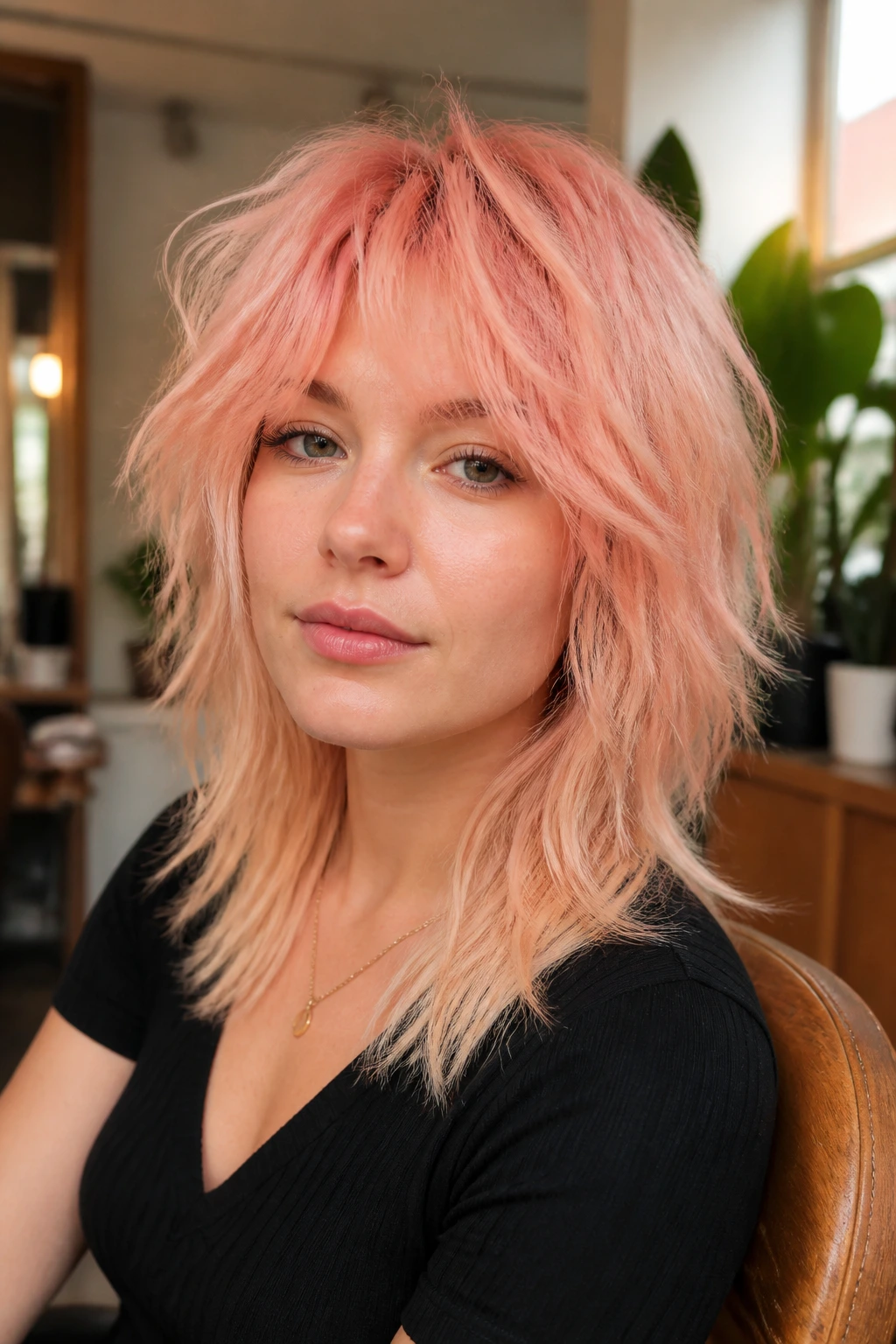 Close-up of a real woman with faded peachy-pink shag in a cozy salon