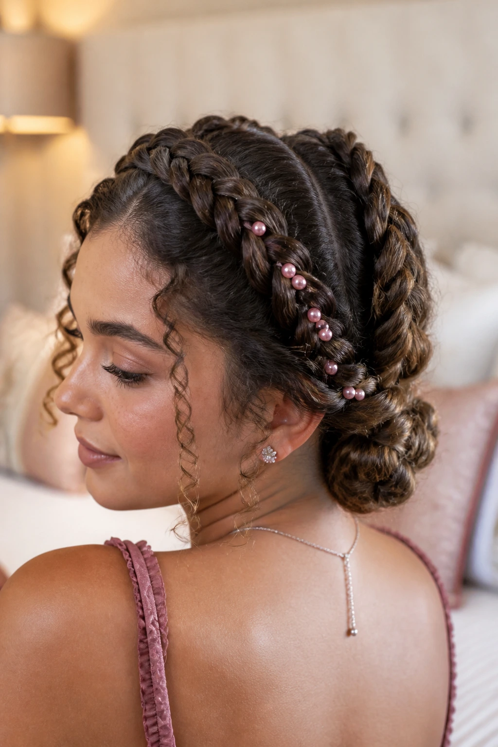 Close-up of a real woman with pearl-encrusted Dutch braid updo showing pearls hidden beneath braids