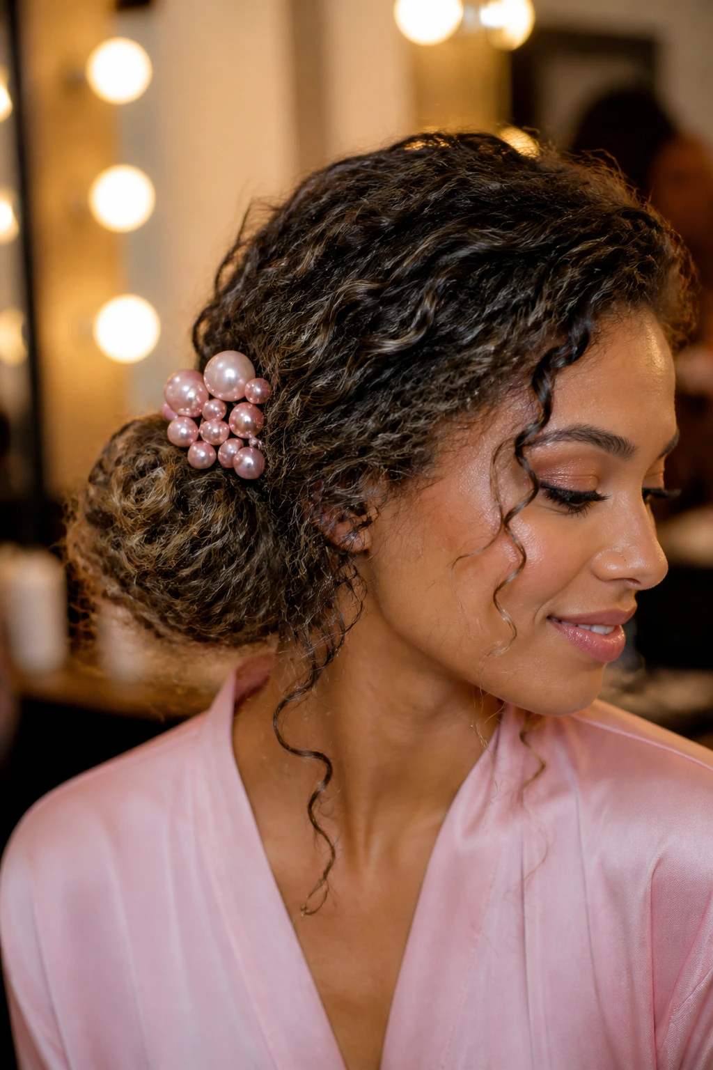 Close-up of a real woman with a side bun and pearl cluster on top
