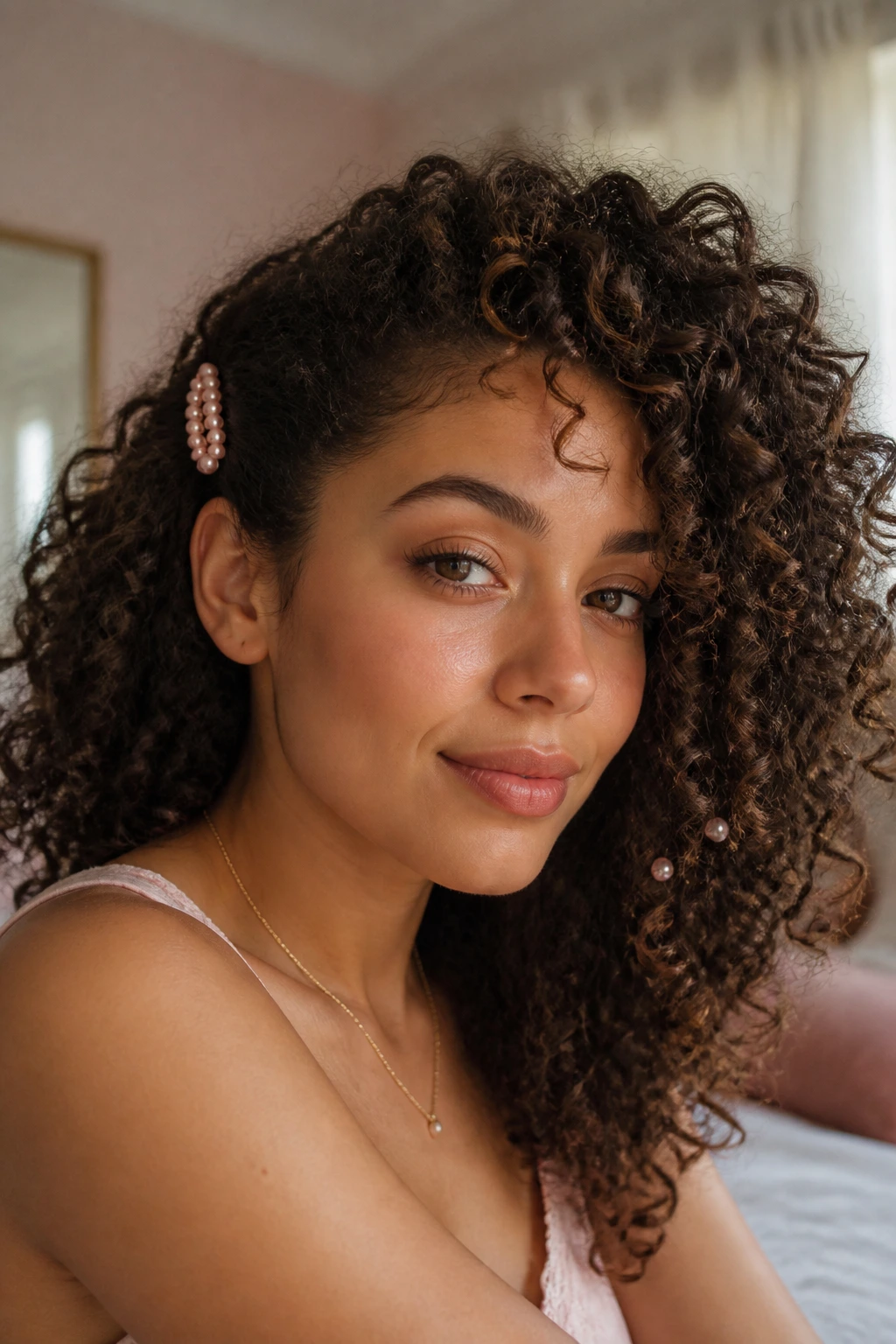 Close-up of a real woman's curly hair with a pink pearl clip behind the ear and pearls at the curl tips.