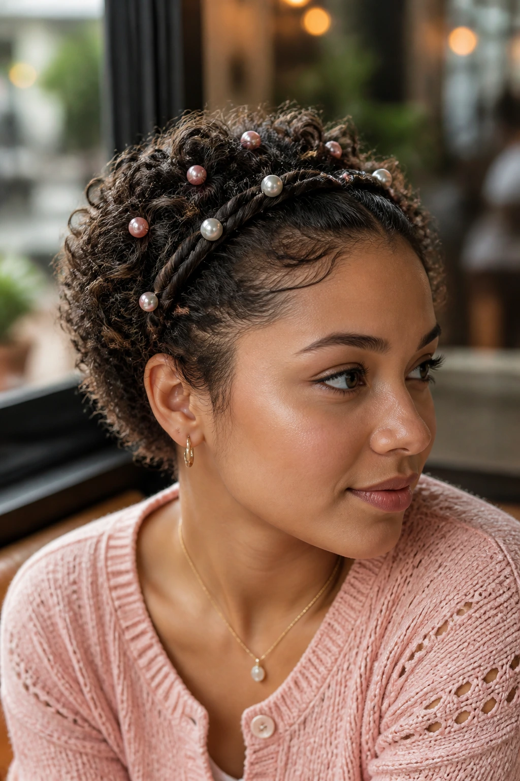 Close-up of short curly hair styled into braided pearl crown with elastics