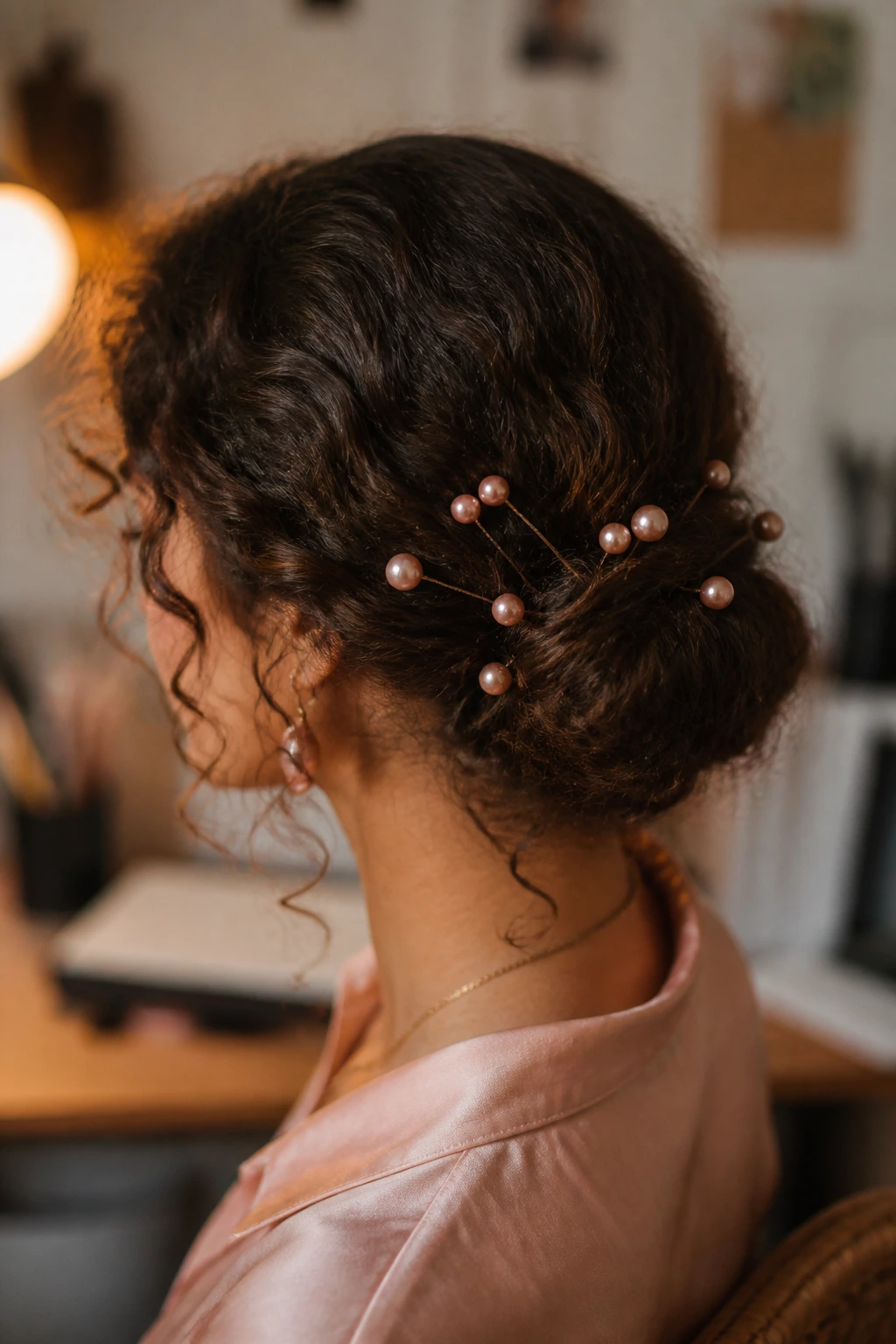 Back/side profile of a real woman with a low chignon with pearl-tipped pins