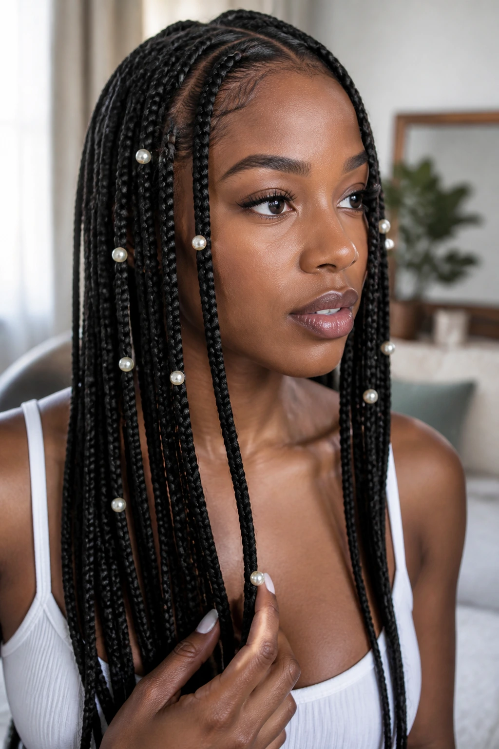 Real woman with pearl embellishments woven into braids.