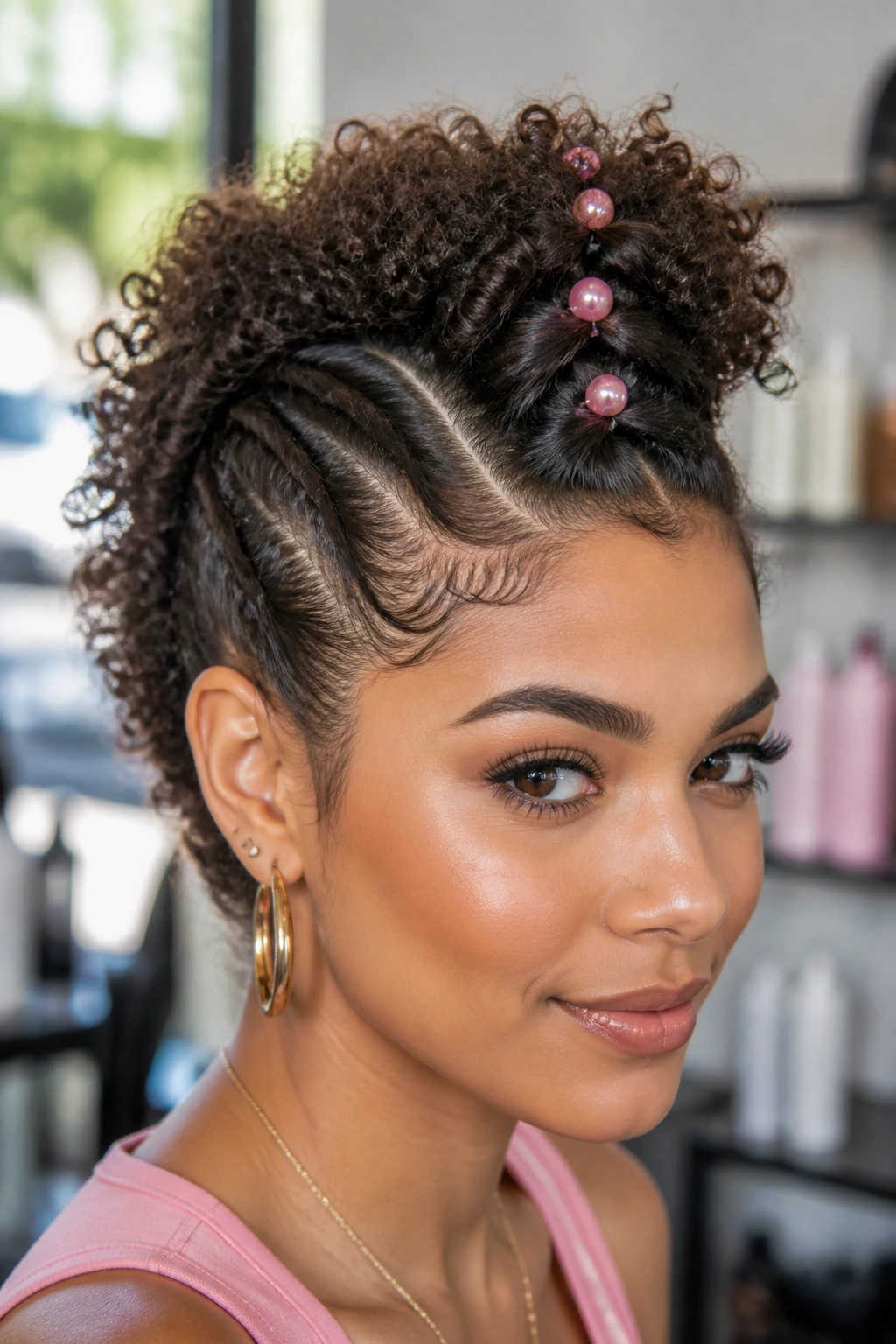 Close-up of a real woman with pink pearls along a faux hawk in a modern salon