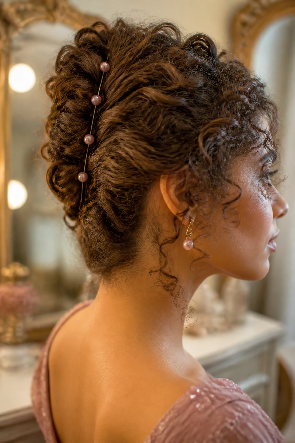 Close-up of a real woman with pearl-accented French twist
