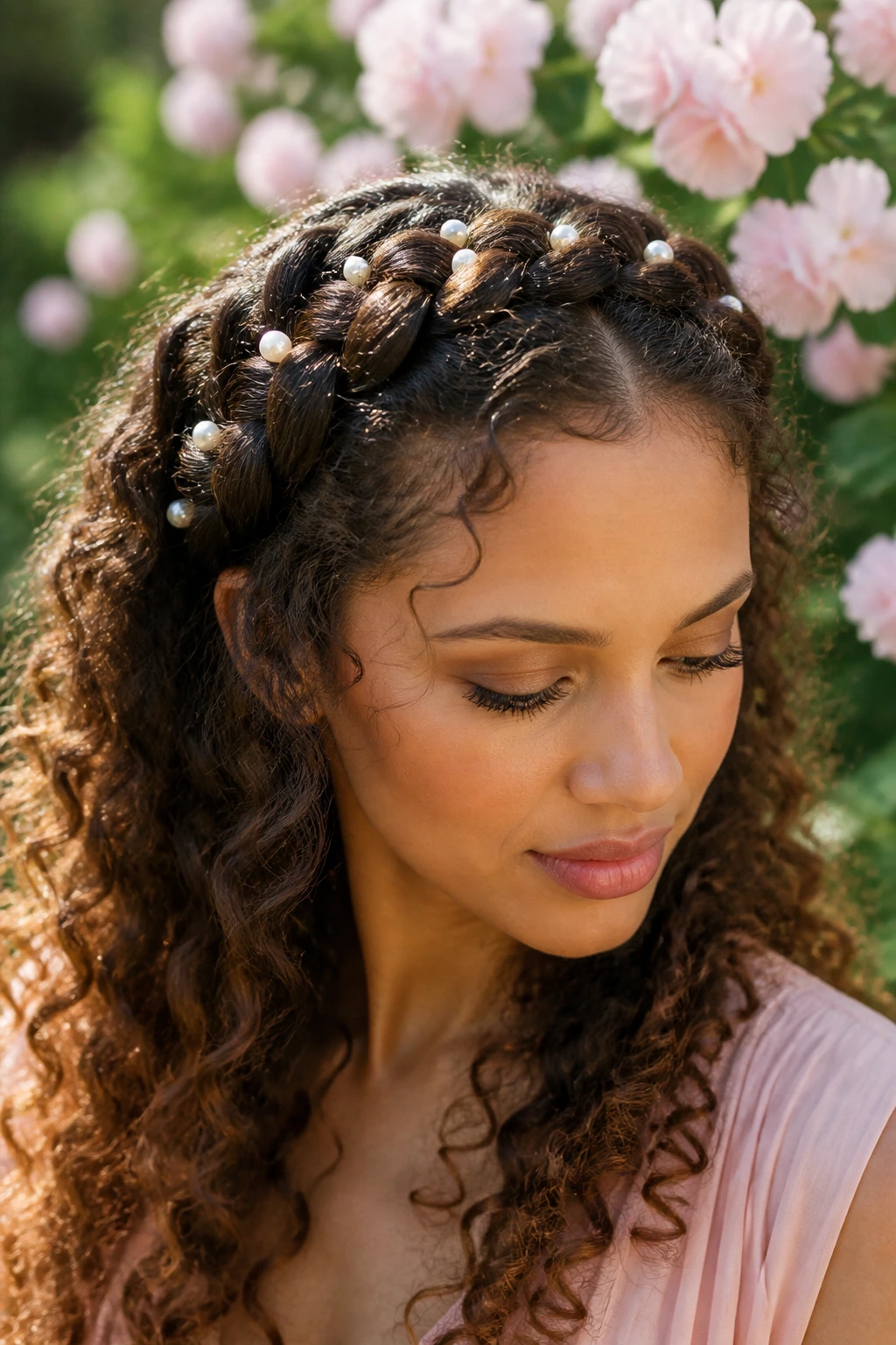 Close-up of a real woman wearing a pearl-framed halo braid outdoors
