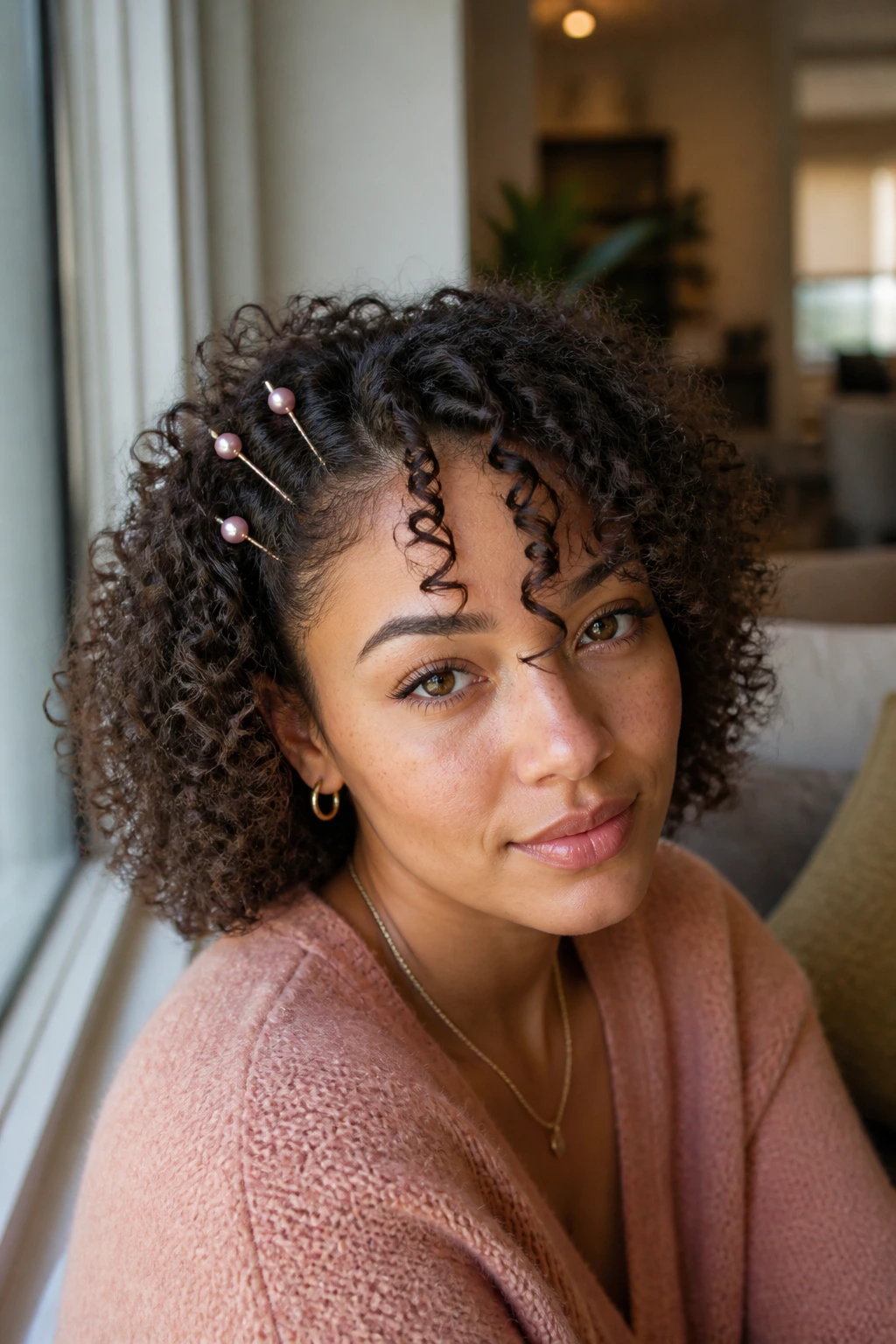 Close-up of a real woman's curly bangs with pink pearl pins