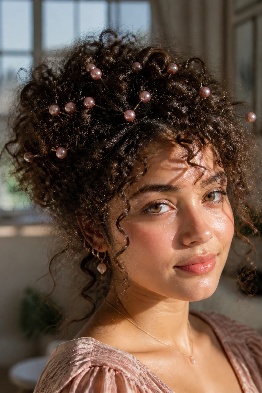 Close-up of a woman with scattered pink pearl pins throughout curly crown