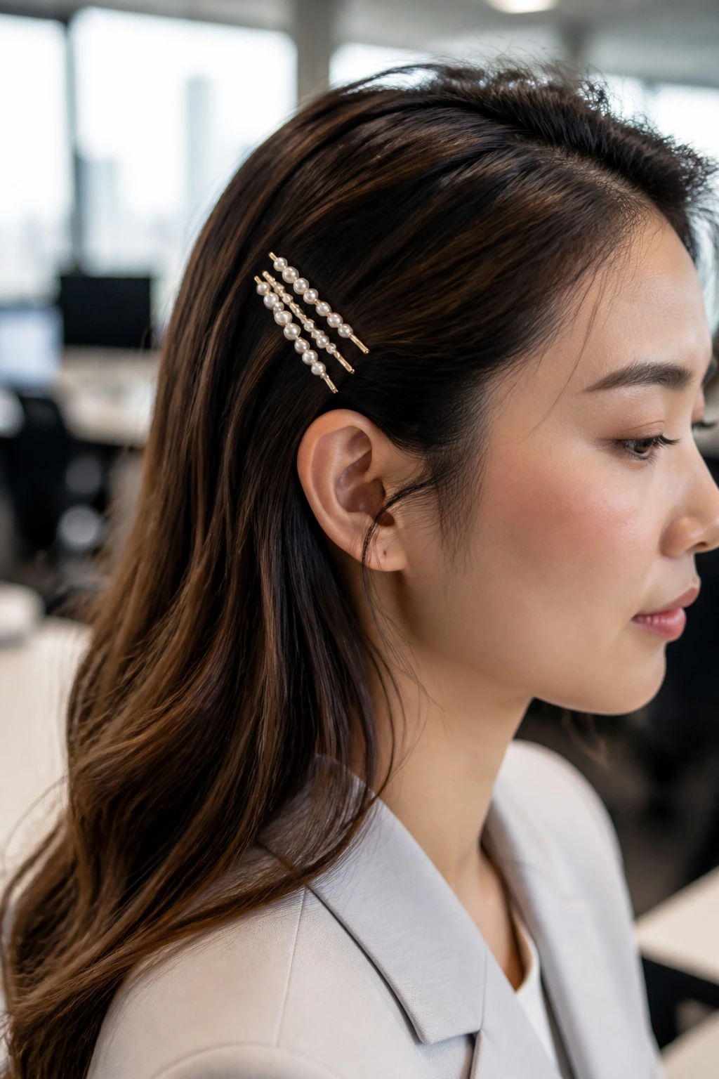 Close-up of pearl-embellished bobby pins in hair at an office setting