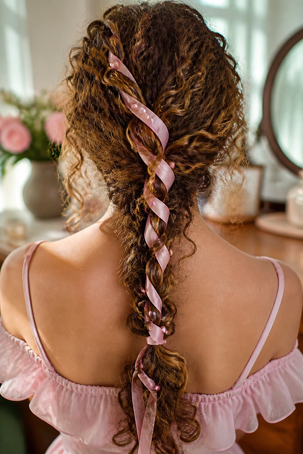 Back view of a real woman wearing a braid with a pink pearl-threaded ribbon.