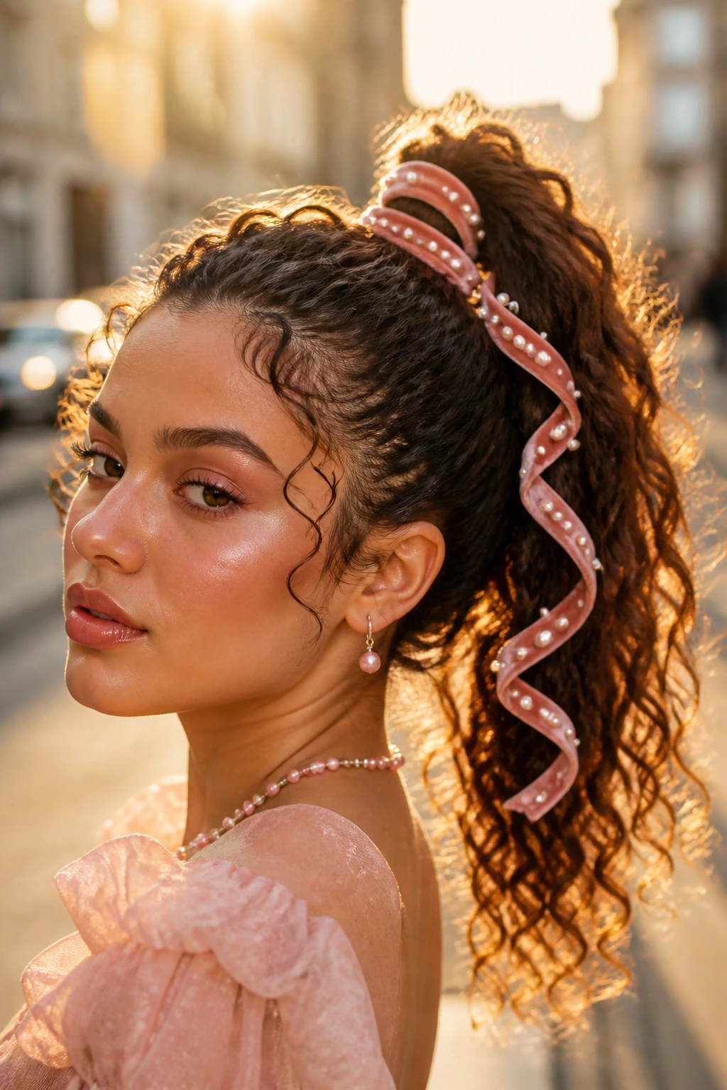 Close-up of a real woman with a pearl-wrapped high ponytail in golden hour light