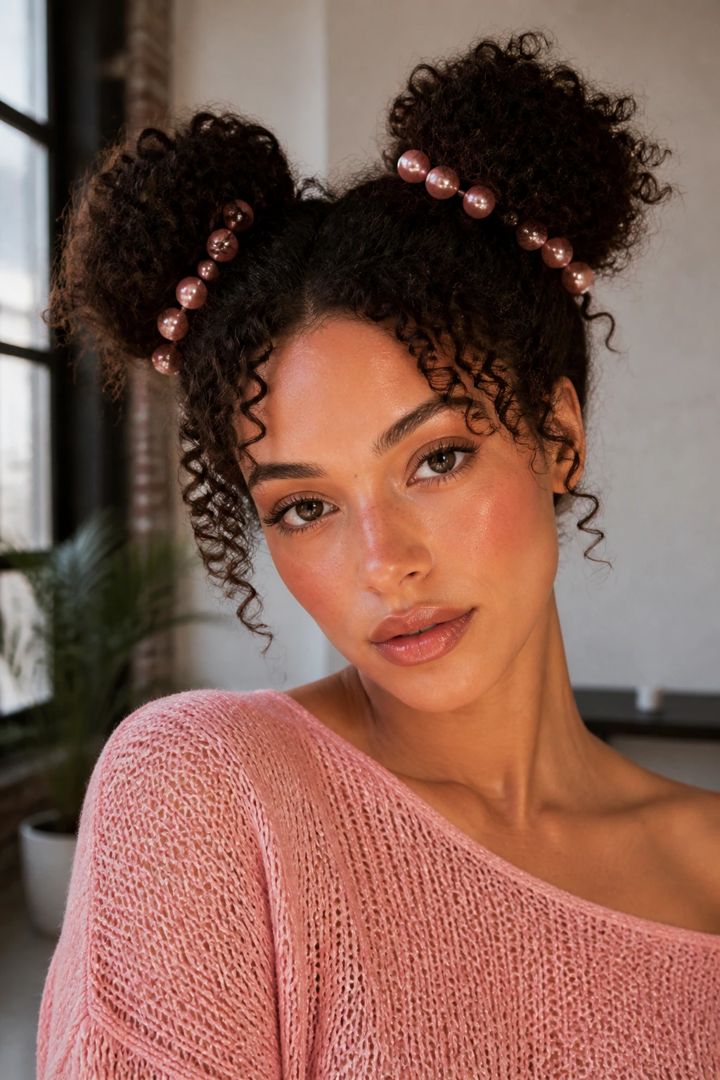 Portrait of a real woman with pearl-decorated space buns