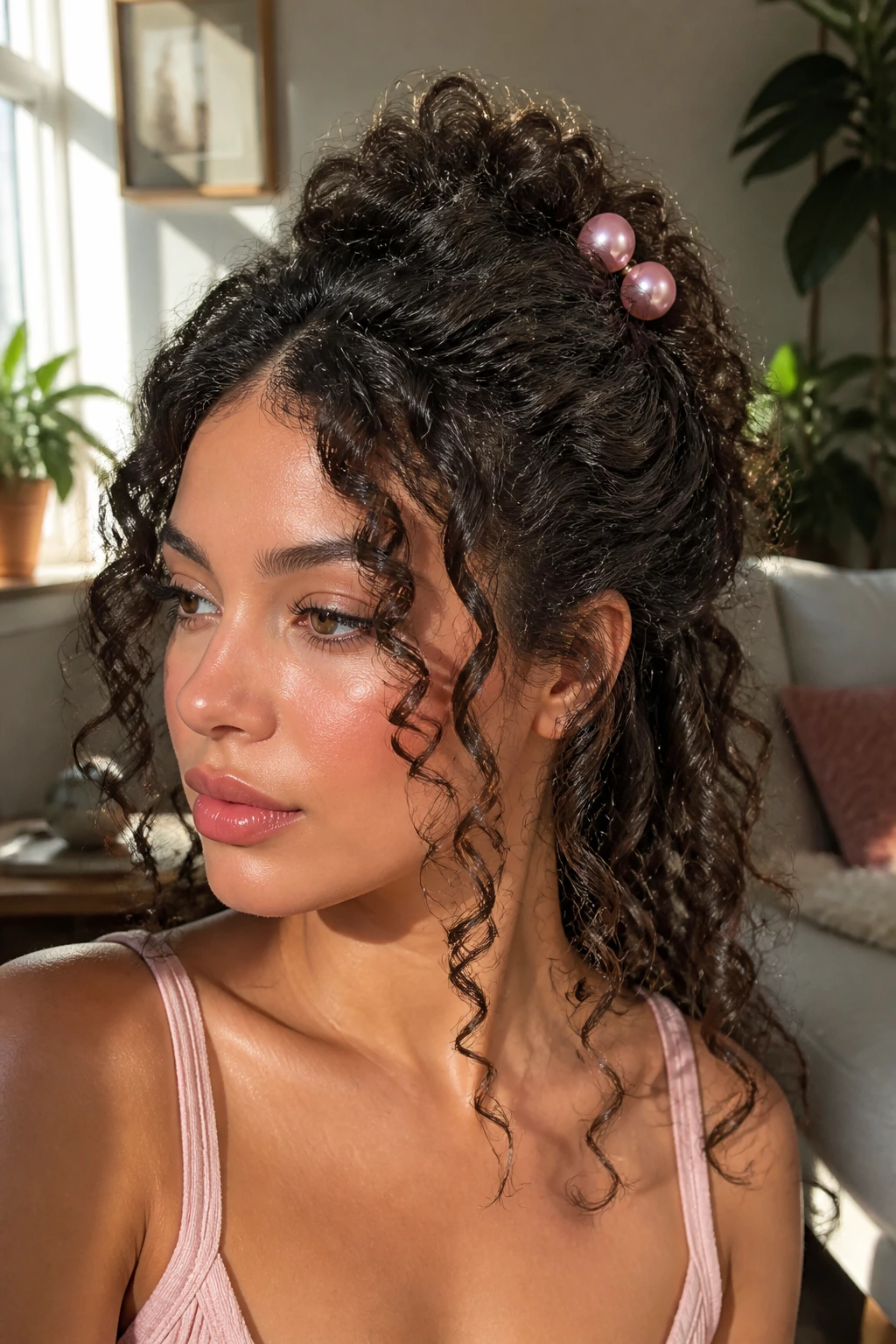 Close-up of a real woman with half-up hairstyle and pearl clip