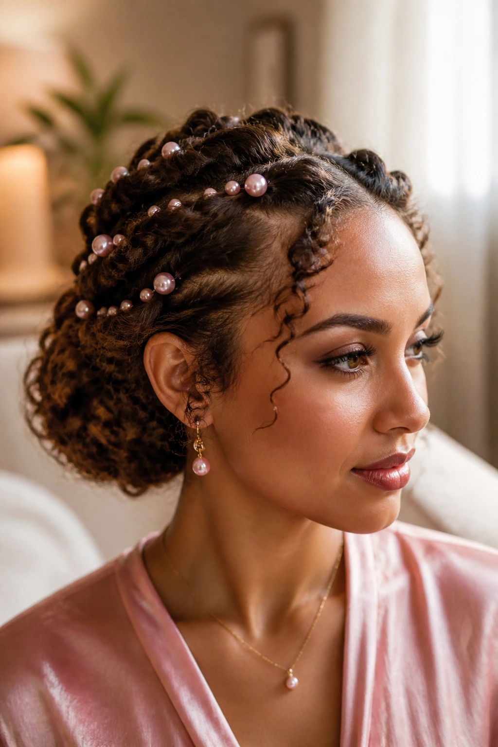 Close-up of a real woman with pearl-dusted twisted updo in a cozy living room setting