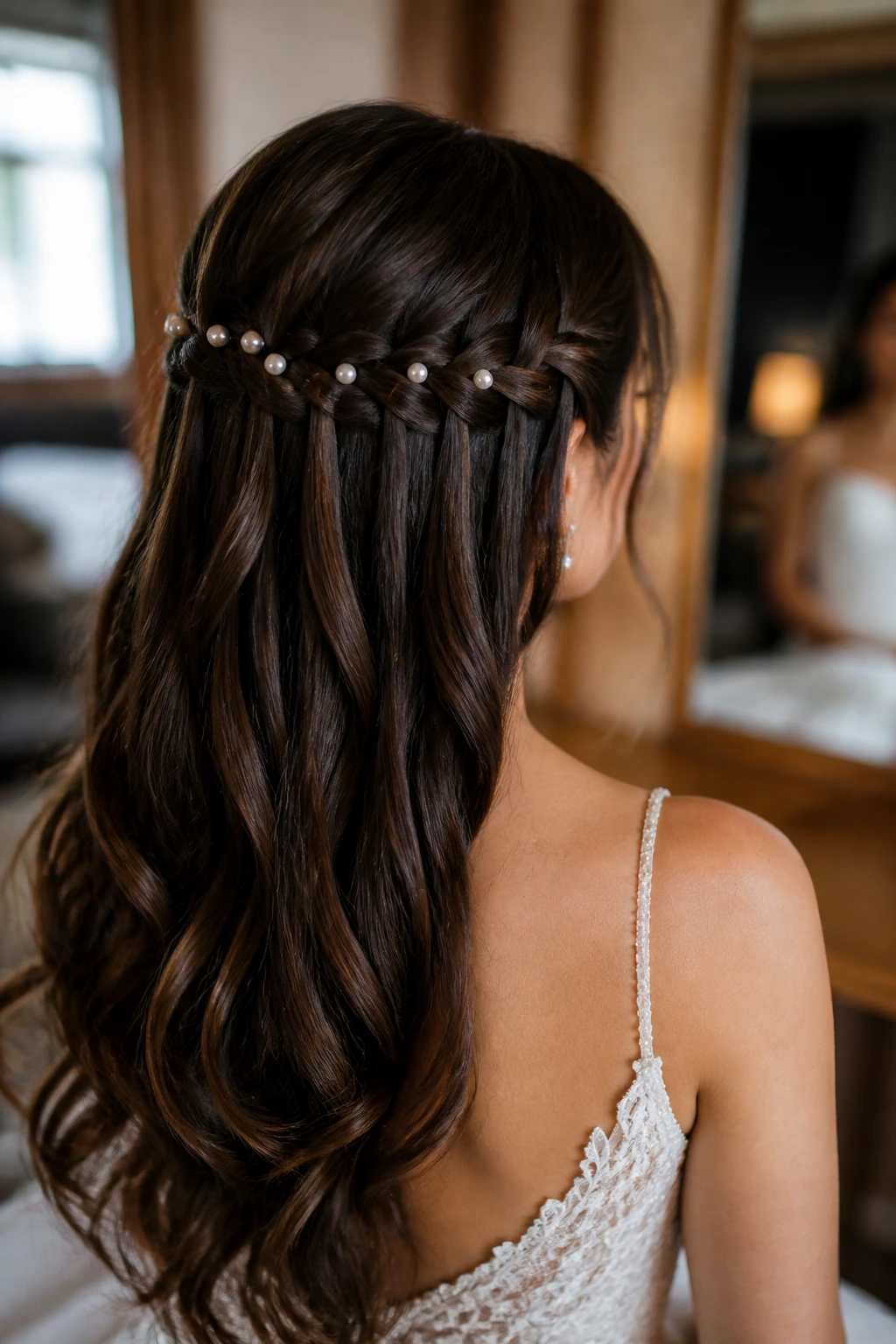 Close-up of pearl-studded waterfall braid on real person with pearls visible along the back of the head