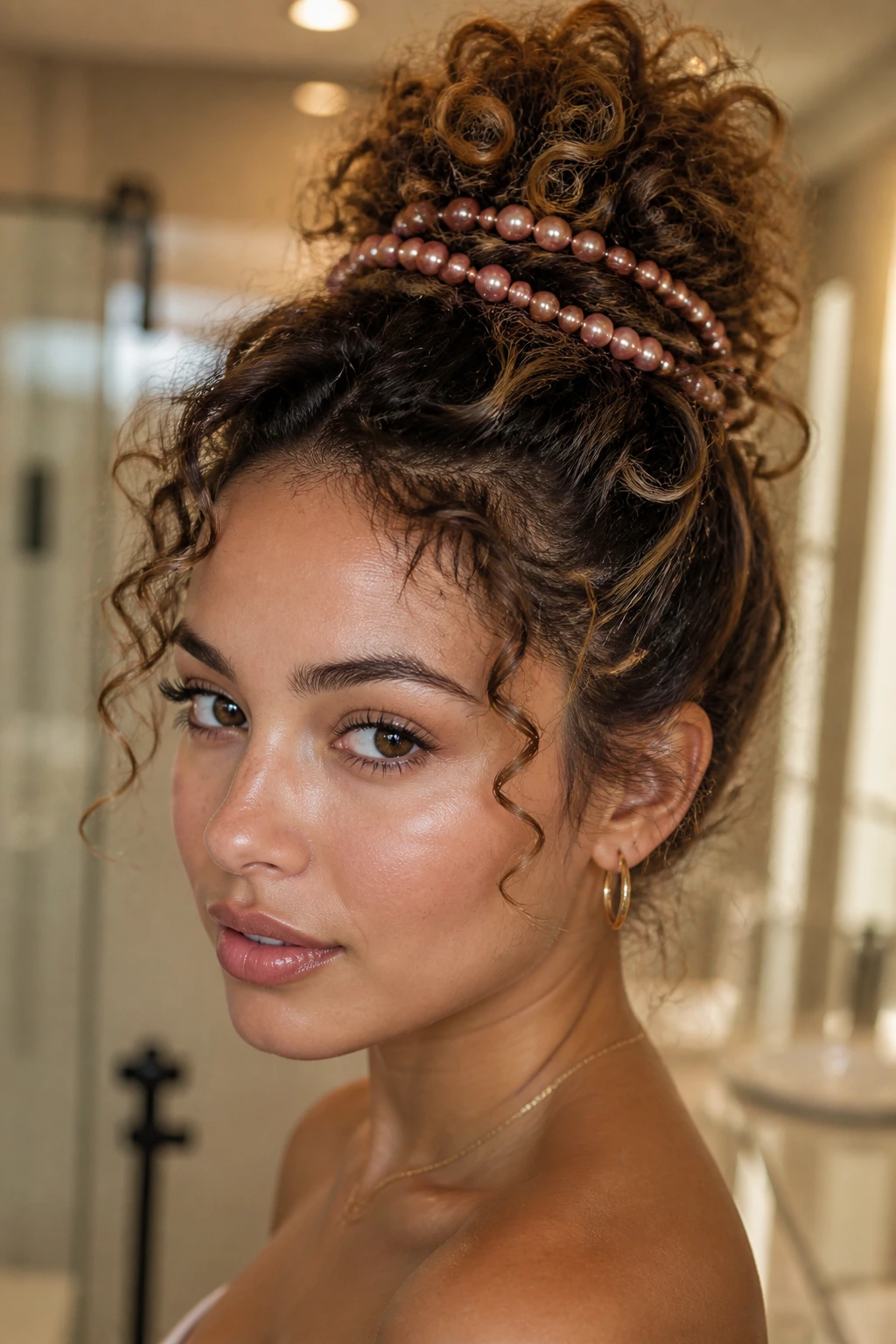 Close-up of a high pineapple bun wrapped with pink pearl beads on a real person