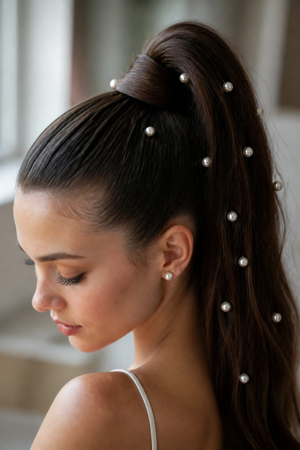 Close-up of a real woman with a pearl-studded high ponytail