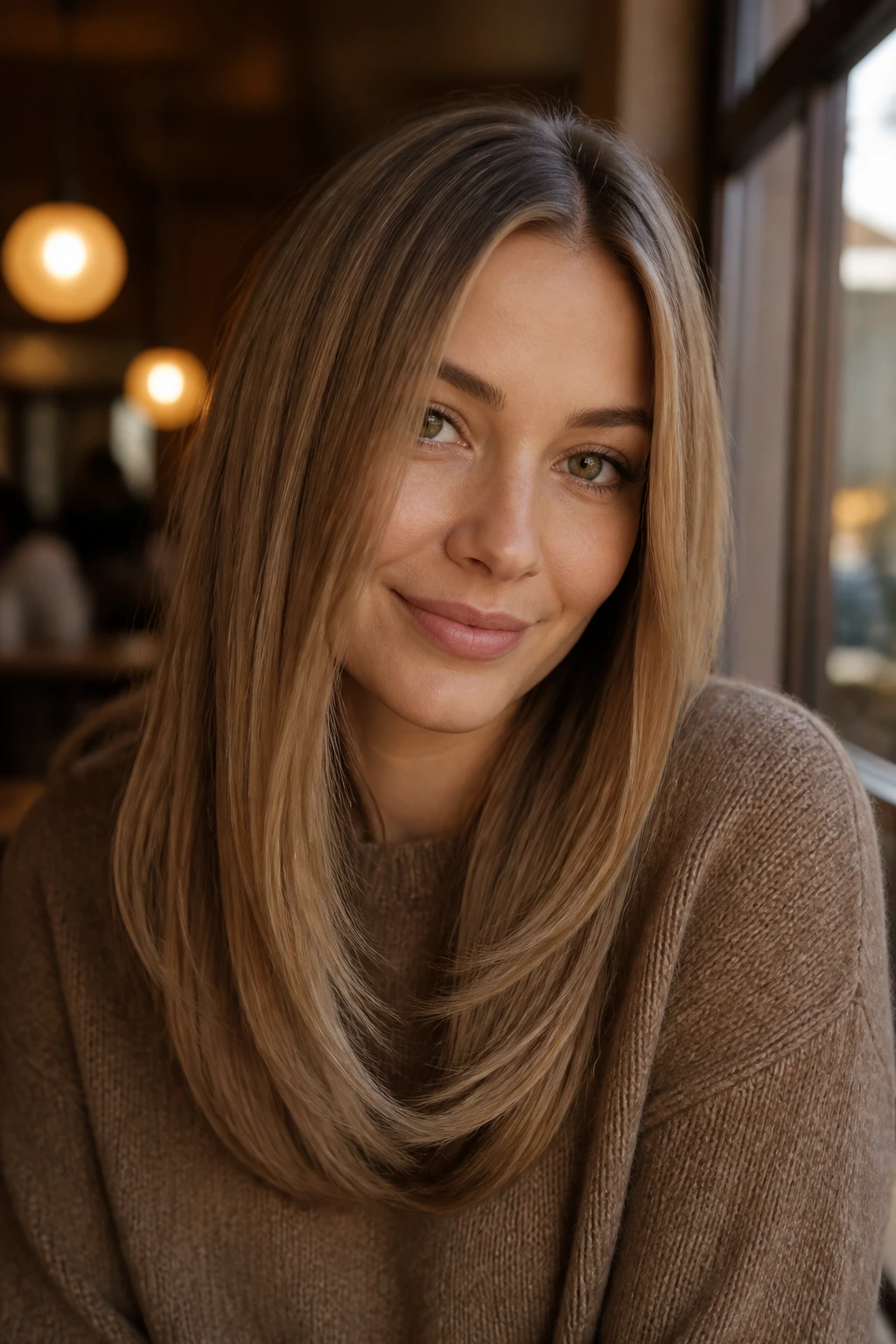 Close-up portrait of a real woman with Pecan-Beige Blend straight hair in a cafe setting
