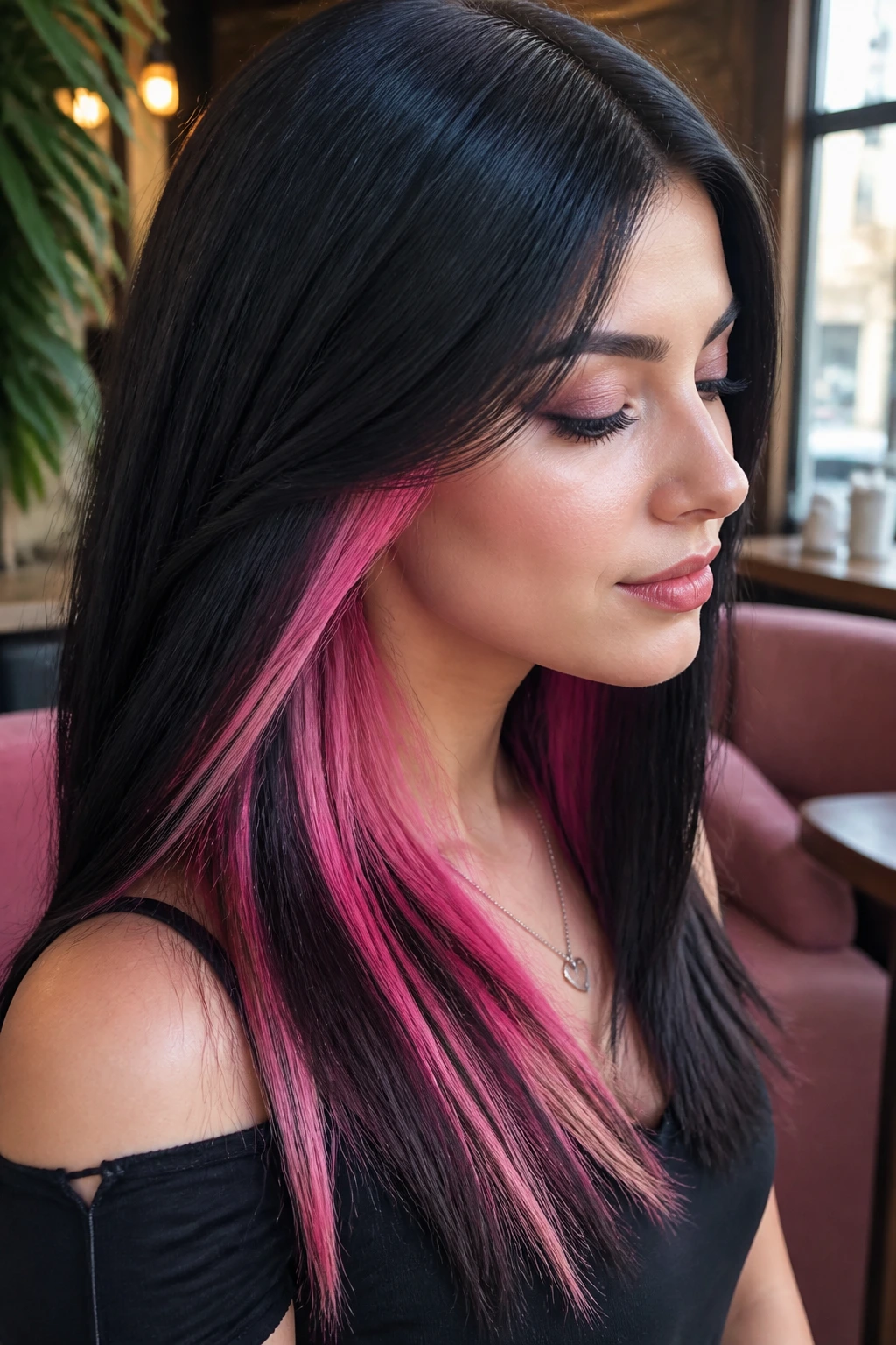 Portrait of a woman with pink peek-a-boo underlayers