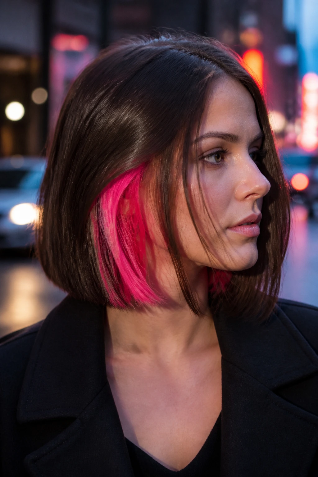 Medium close-up of a person showing neon peekaboo color under hair in motion