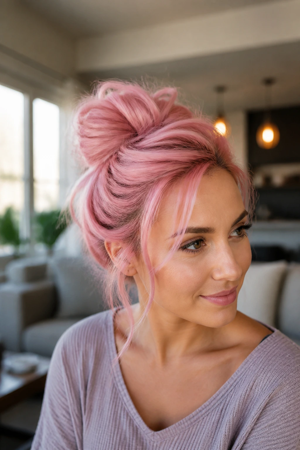 Close-up portrait of a real woman with a peony-pink messy bun