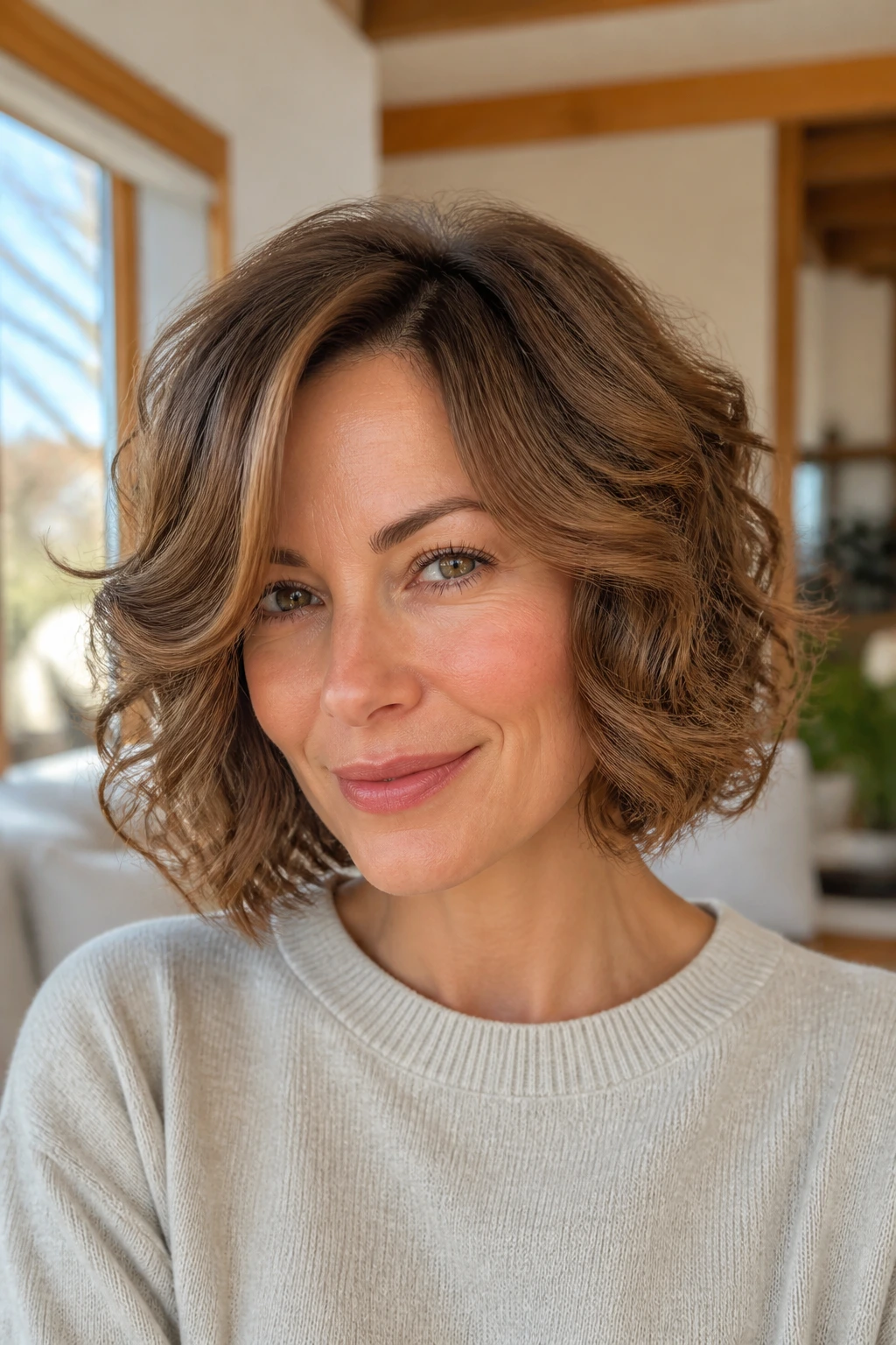 Close-up of a real woman with soft-set perm waves softening a square jaw