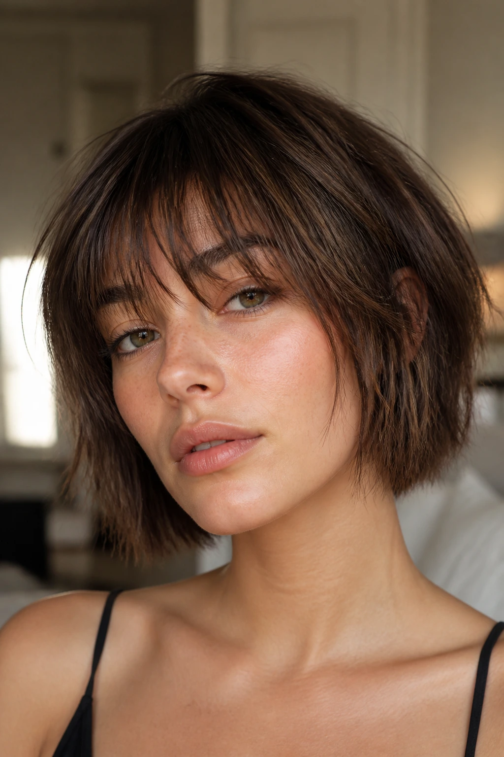 Close-up portrait of a real woman with a piecey blunt French-girl bob and wispy bangs in soft natural light