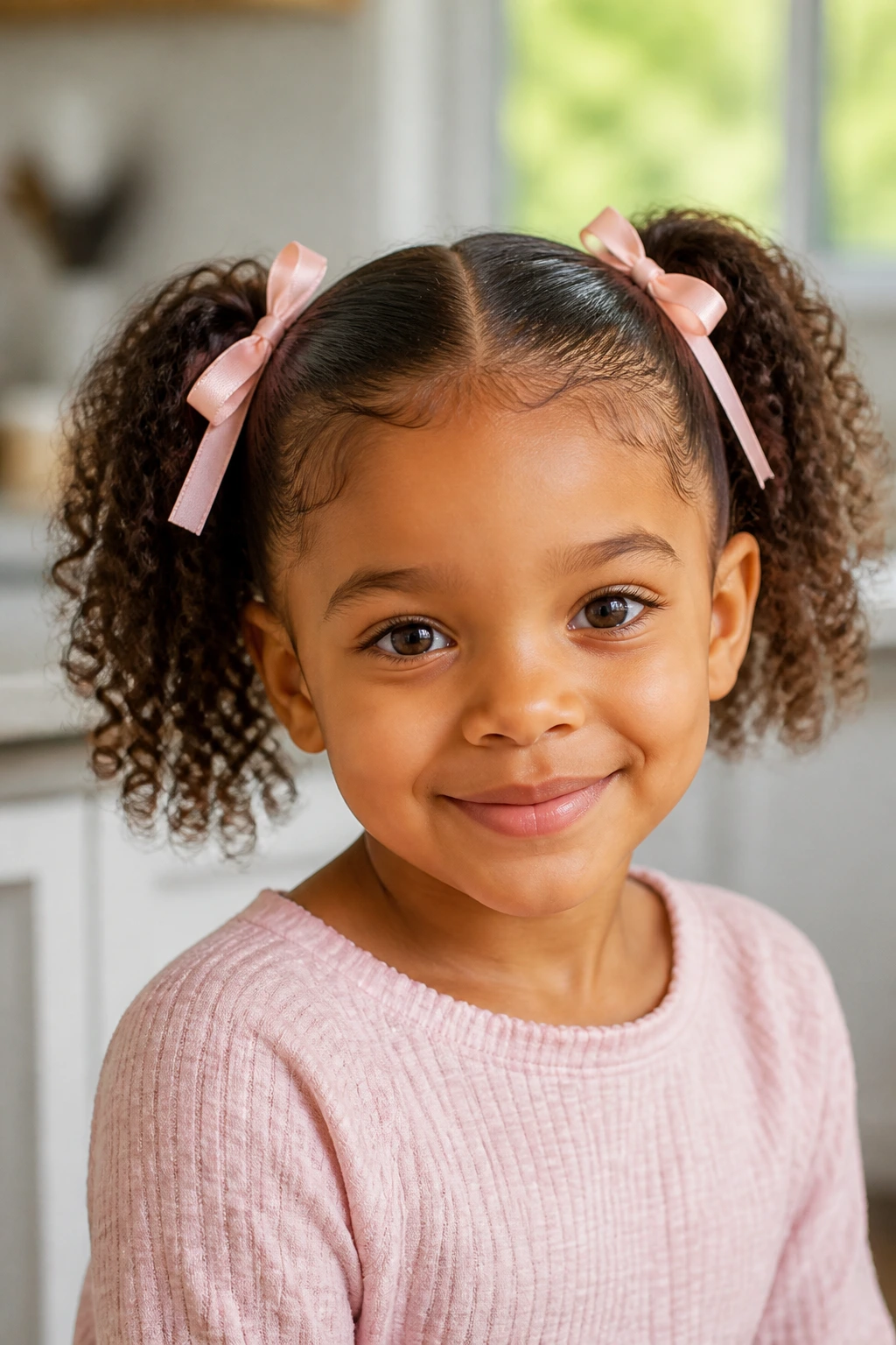 Close-up of a real child with two pigtails and ribbons in bright light