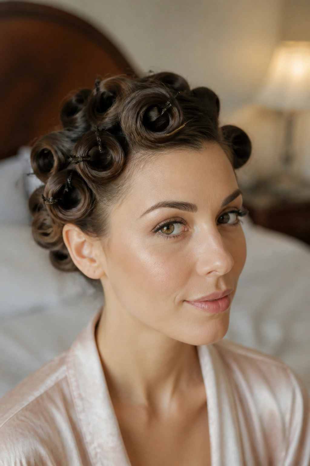 Real woman with vintage pin curls secured with bobby pins close-up portrait.