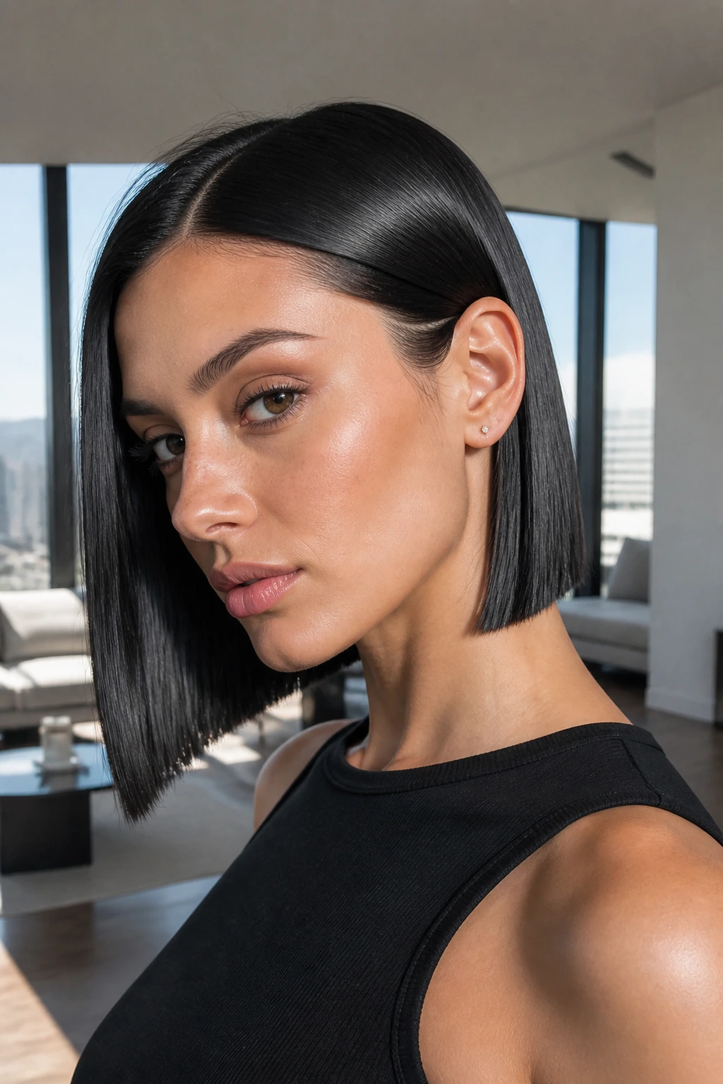Portrait of a real person with a razor-straight pin-tucked lob behind one ear.