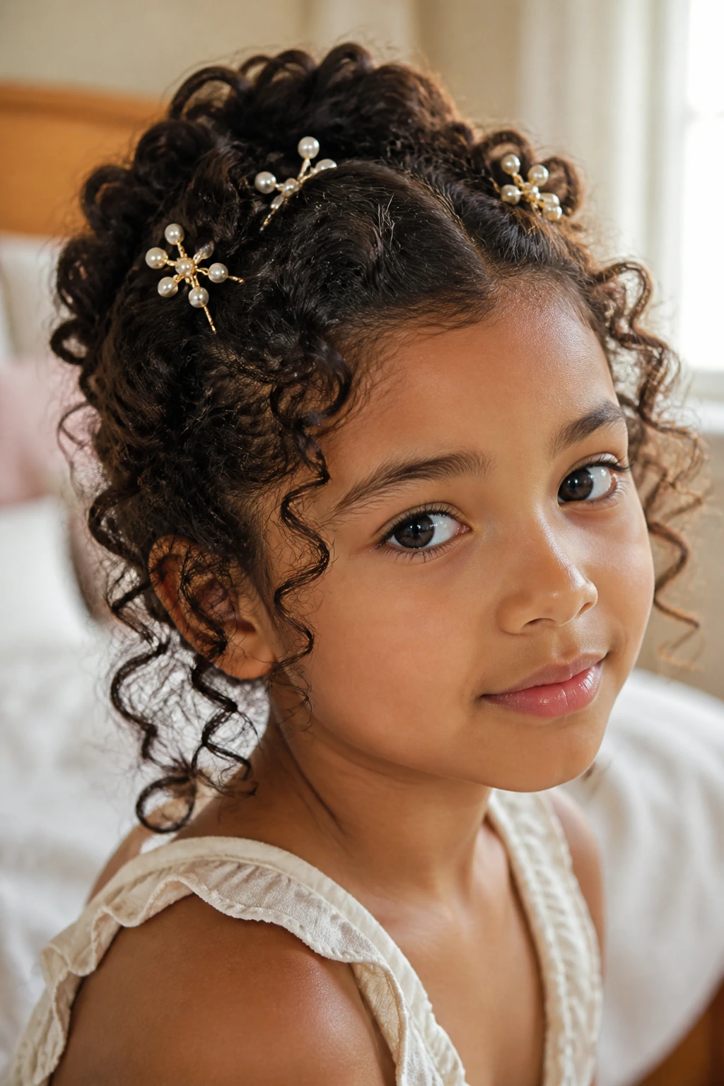 Close-up of a child with pin-up curls pinned away from the face in a cozy bedroom
